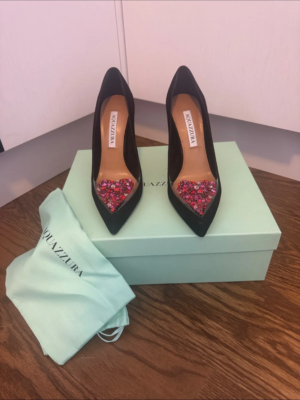 Aquazzura Black Pointed Toe Pumps with Pink Jeweled Heart Accent